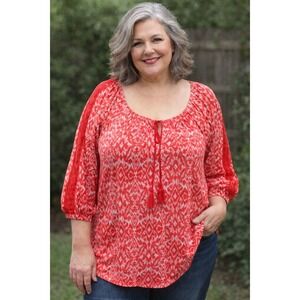 French Laundry Coral Ikat Peasant Top Size 2X Tassel Neck Boho Summer Light